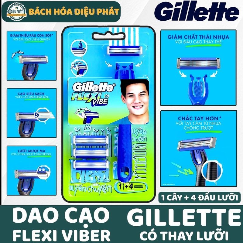 Dao Cạo Râu Gillette Flexi Vibe 1 Cán + 4 Đầu Lưỡi – Lưỡi 3 Lớp, Dải Gel Bôi Trơn Êm Ái
