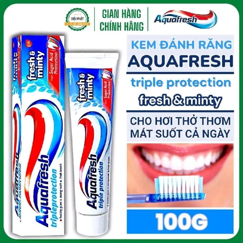 Kem Đánh Răng Aquafresh Triple Protection Fresh & Minty Bạc Hà Thơm Mát Làm Trắng Răng 100G