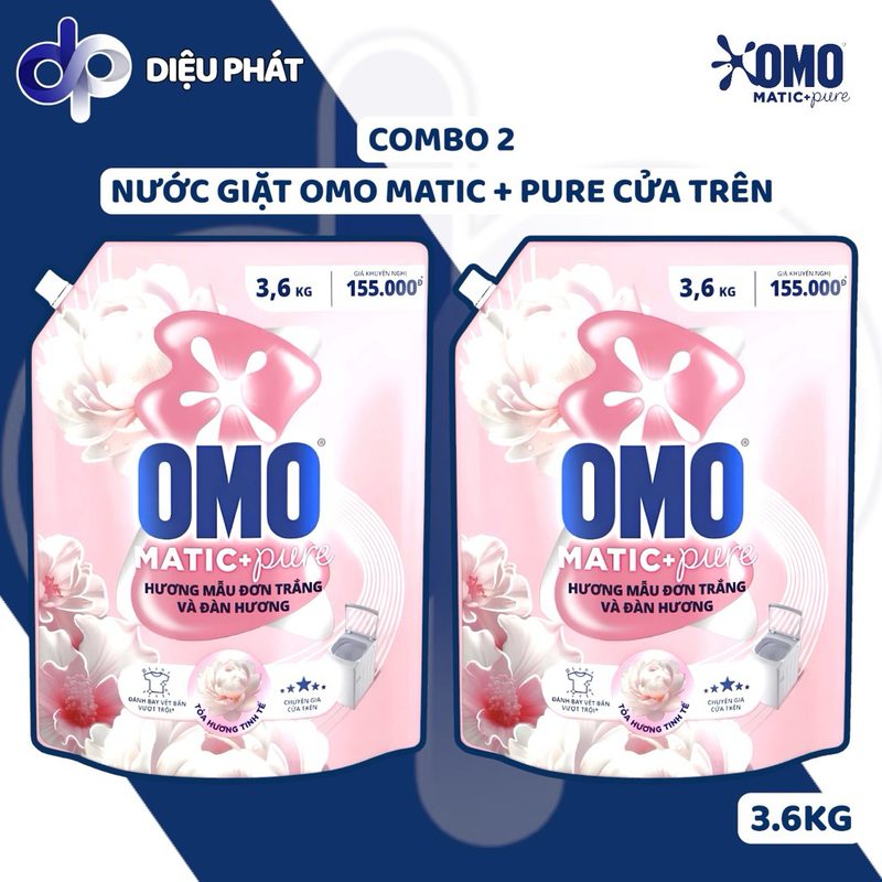 Thùng Nước Giặt Cửa Trên OMO MATIC + Pure Hương Mẫu Đơn Và Đàn Hương Túi 3.6KG - Giặt Sạch Thơm Lâu
