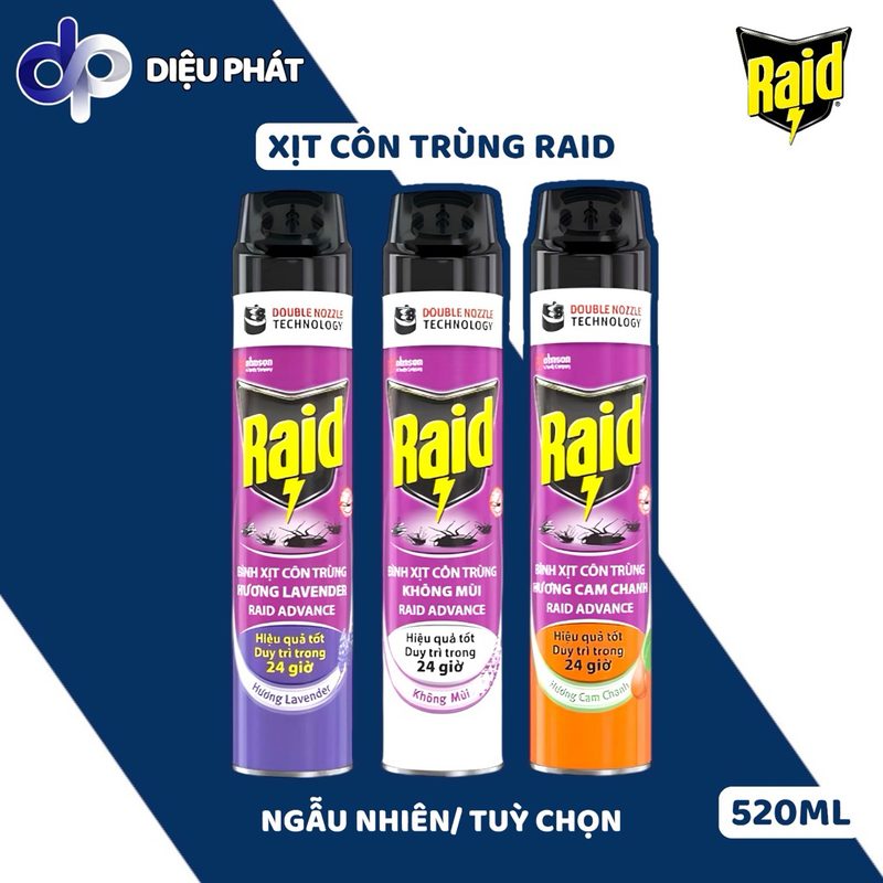 COMBO Xịt Côn Trùng Raid 520ml – Không Mùi / Cam Chanh / Lavender | Hỗ Trợ Đuổi Muỗi, Côn Trùng
