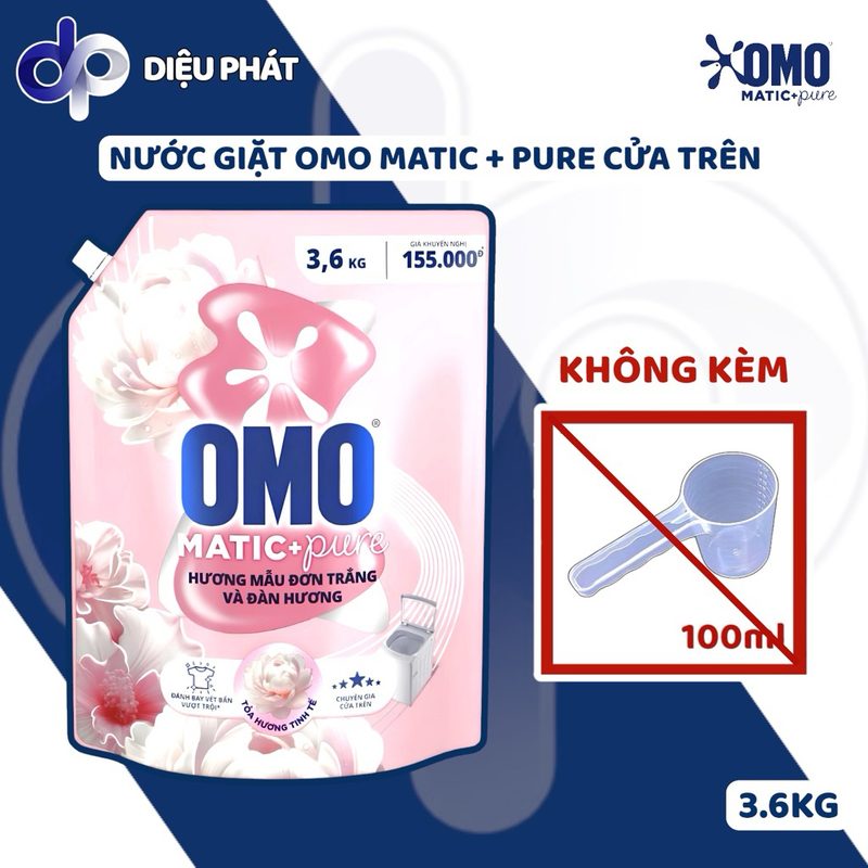 Nước Giặt Cửa Trên OMO MATIC + Pure Hương Mẫu Đơn Và Đàn Hương Túi 3.6KG - Giặt Sạch Thơm Lâu