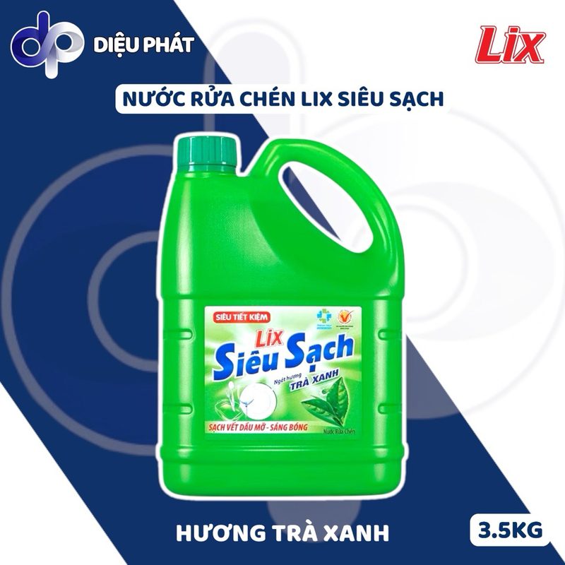 Thùng Nước Rửa Chén Lix Siêu Sạch Hương Chanh Trà Xanh Can 3.5KG Khử Mùi Hiệu Quả