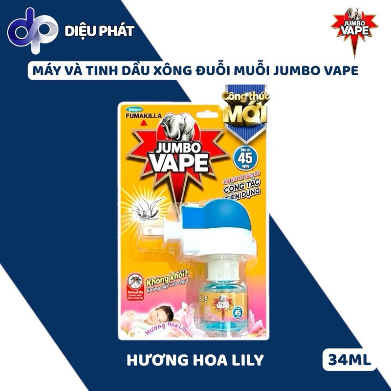 COMBO Bộ Máy Và Tinh Dầu Xông Đuổi Muỗi Jumbo Vape 34ML Hoa Anh Đào Lily