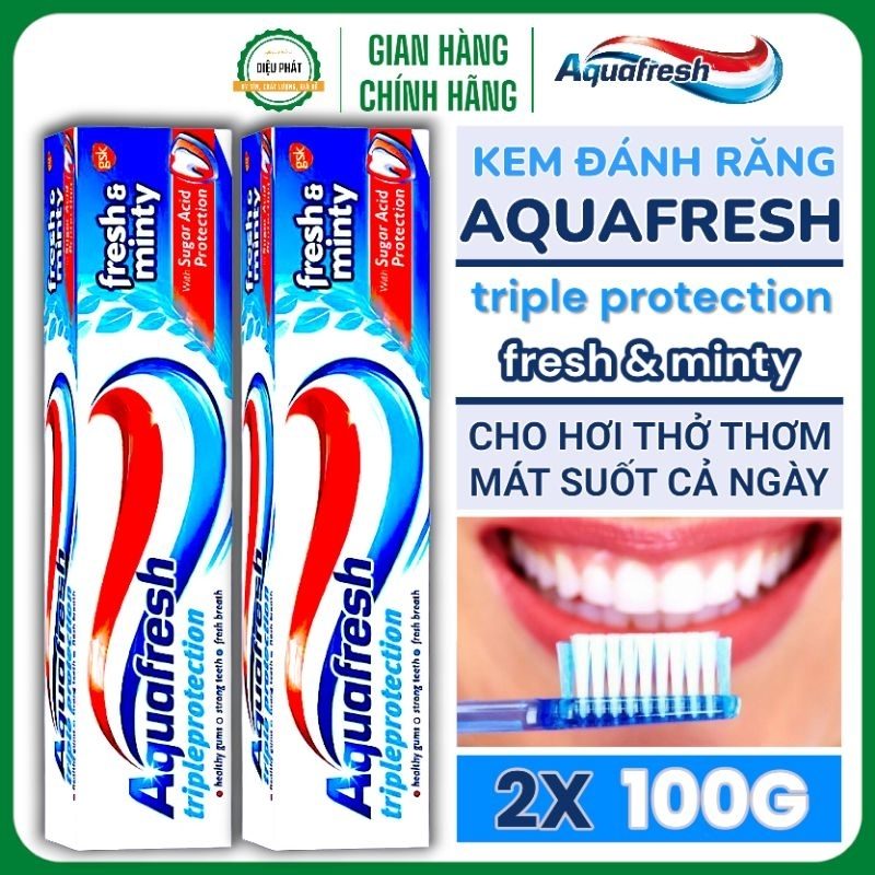 COMBO 2 Kem Đánh Răng Aquafresh Triple Protection Fresh & Minty Bạc Hà Thơm Mát Làm Trắng Răng 100G