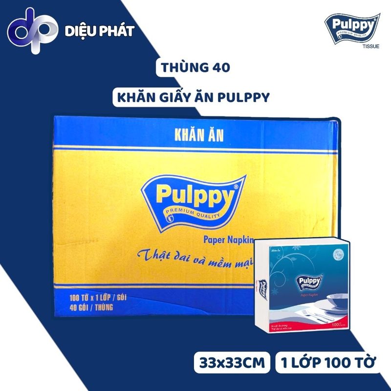 Thùng Khăn Giấy Ăn Pulppy Xanh 1 Lớp Gói 100 Tờ 33x33cm